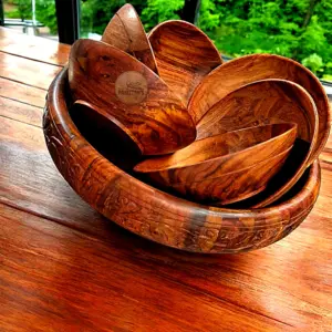 Antique Wooden carving bowl with set of 6