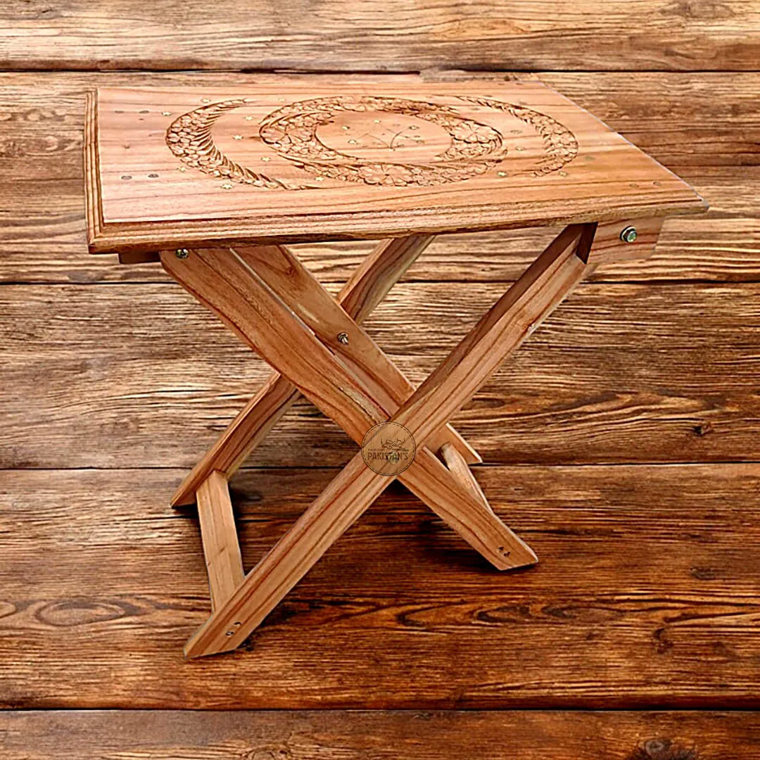 Wooden stool table Wooden stool table with brass work and carving